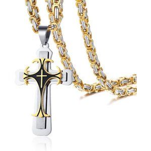 men Stainless Steel Crucifix Cross Pendant Necklace with Chunk Byzantine Chain